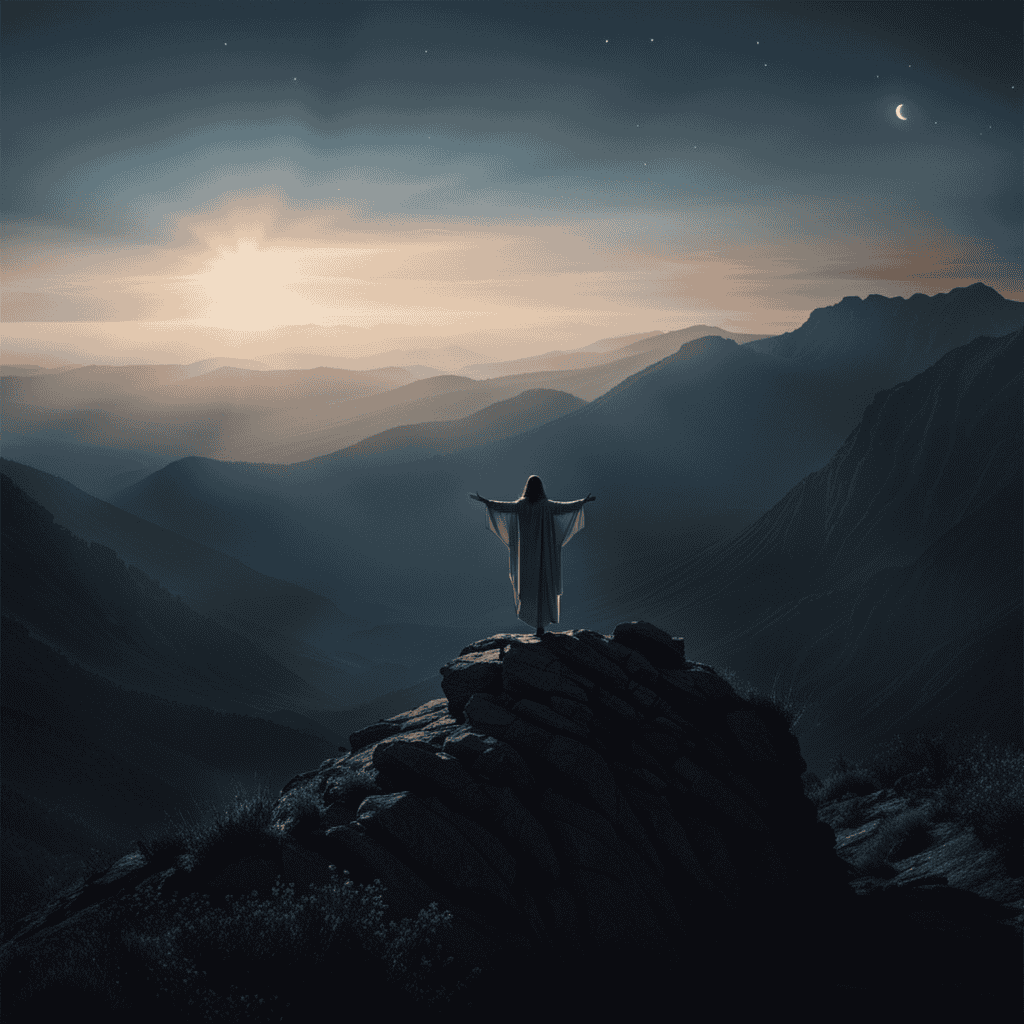 An image of a serene moonlit landscape, where a person with outstretched arms stands on a mountaintop, as a radiant figure of Jesus descends from the sky, reaching out to touch their outstretched hand
