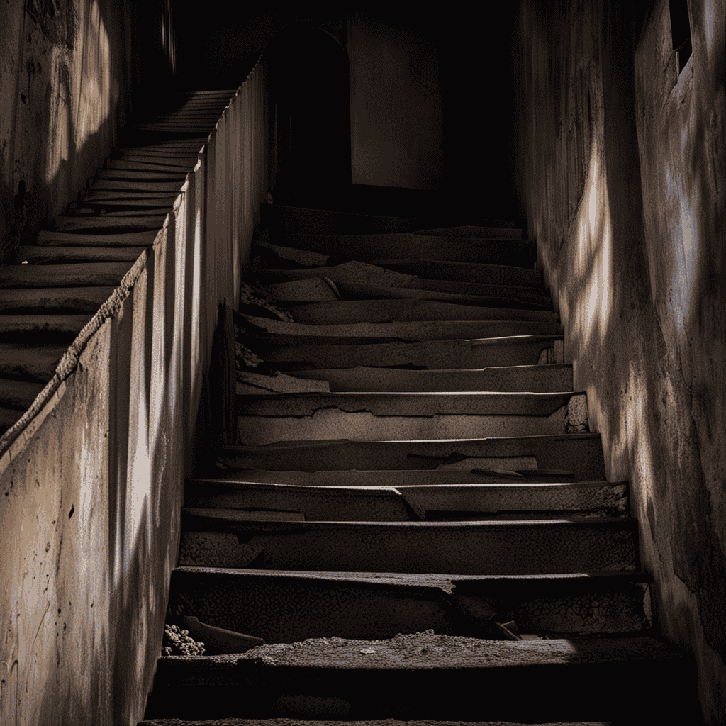 An image of a dimly lit staircase, its steps cracked and crumbling, leading into an ominous abyss