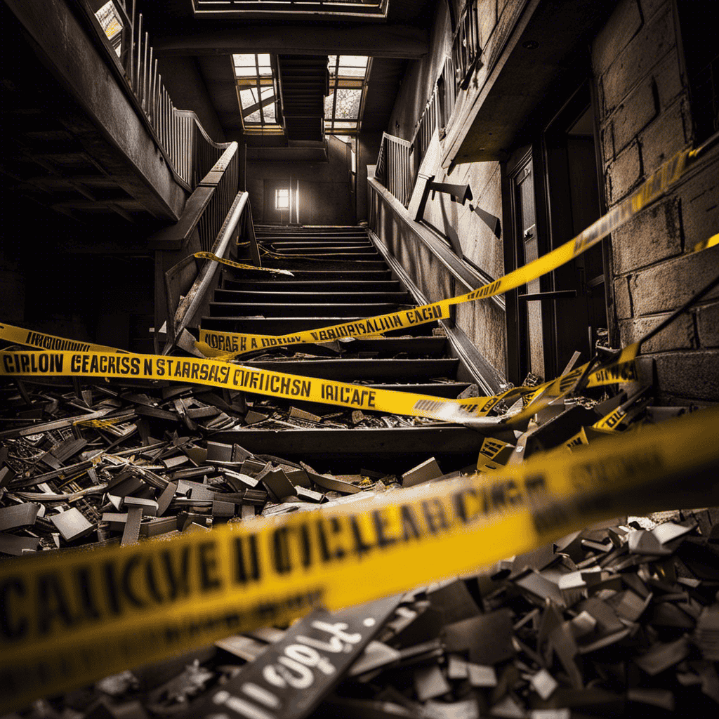 An image that portrays a broken and dilapidated staircase, covered in debris and surrounded by caution tape, symbolizing setbacks