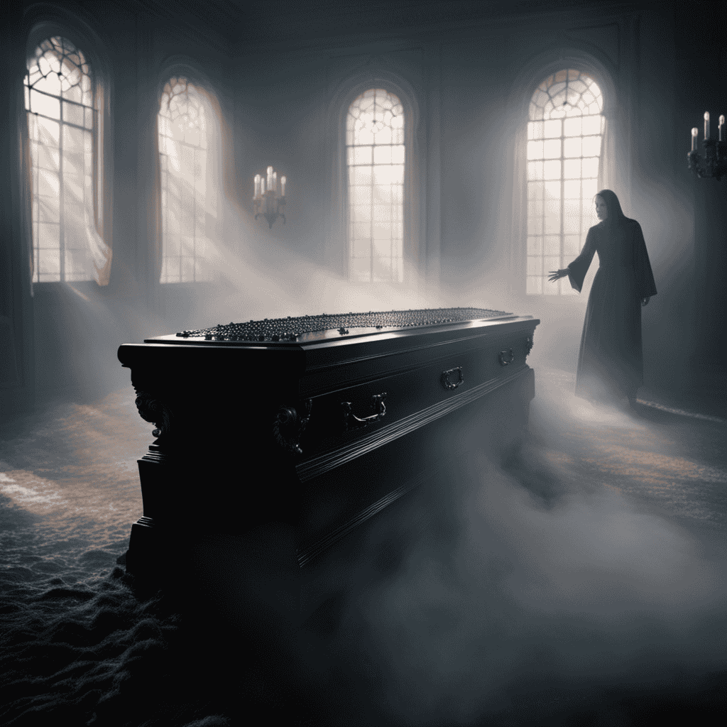 An image featuring a dimly lit room, adorned with a single coffin, surrounded by ethereal mist