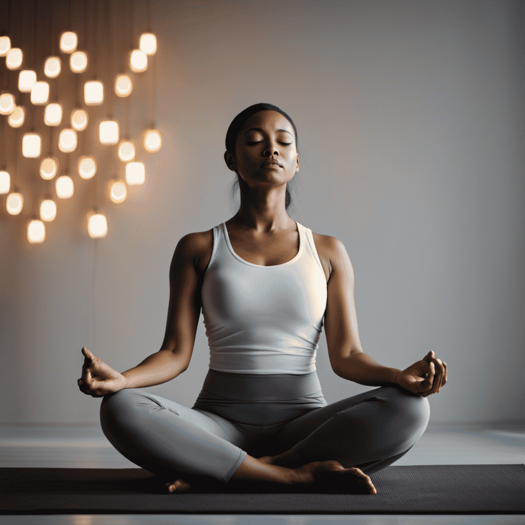 An image showcasing a serene meditator in a cross-legged position, back straight, hands gently resting on knees, eyes closed, surrounded by soft, natural lighting that illuminates a peaceful, minimalist space