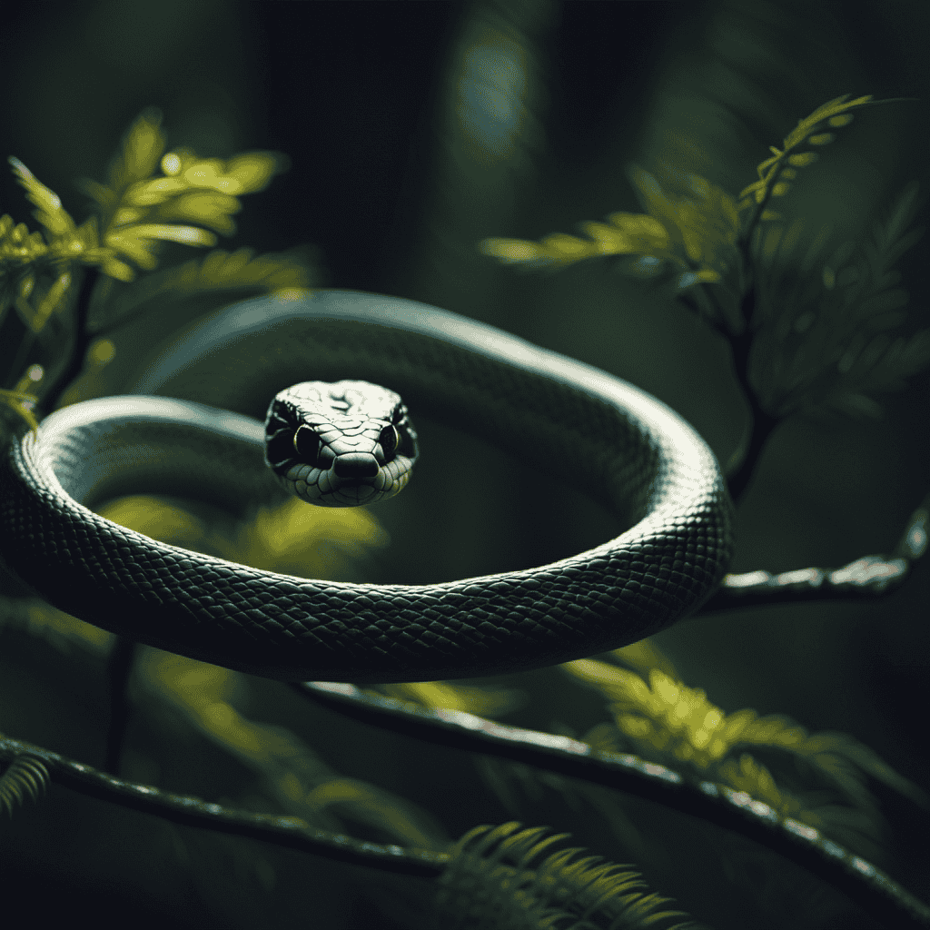 An image showcasing a serene moonlit forest, with a slithering snake wrapped around a tree branch, casting a mesmerizing shadow, evoking mysterious symbolism and concealed messages