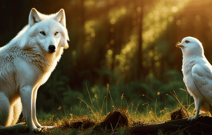 An image depicting a serene forest clearing bathed in golden sunlight, where a majestic white wolf and a graceful white owl share a moment of profound connection, their eyes reflecting ancient wisdom and inner peace
