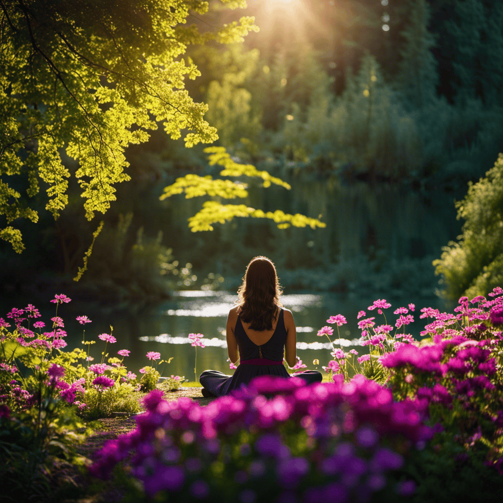 An image that captures the essence of spiritual connection, depicting a serene, sunlit forest glade where a person meditates beside a tranquil river, surrounded by vibrant flowers and a gentle breeze whispering through the trees