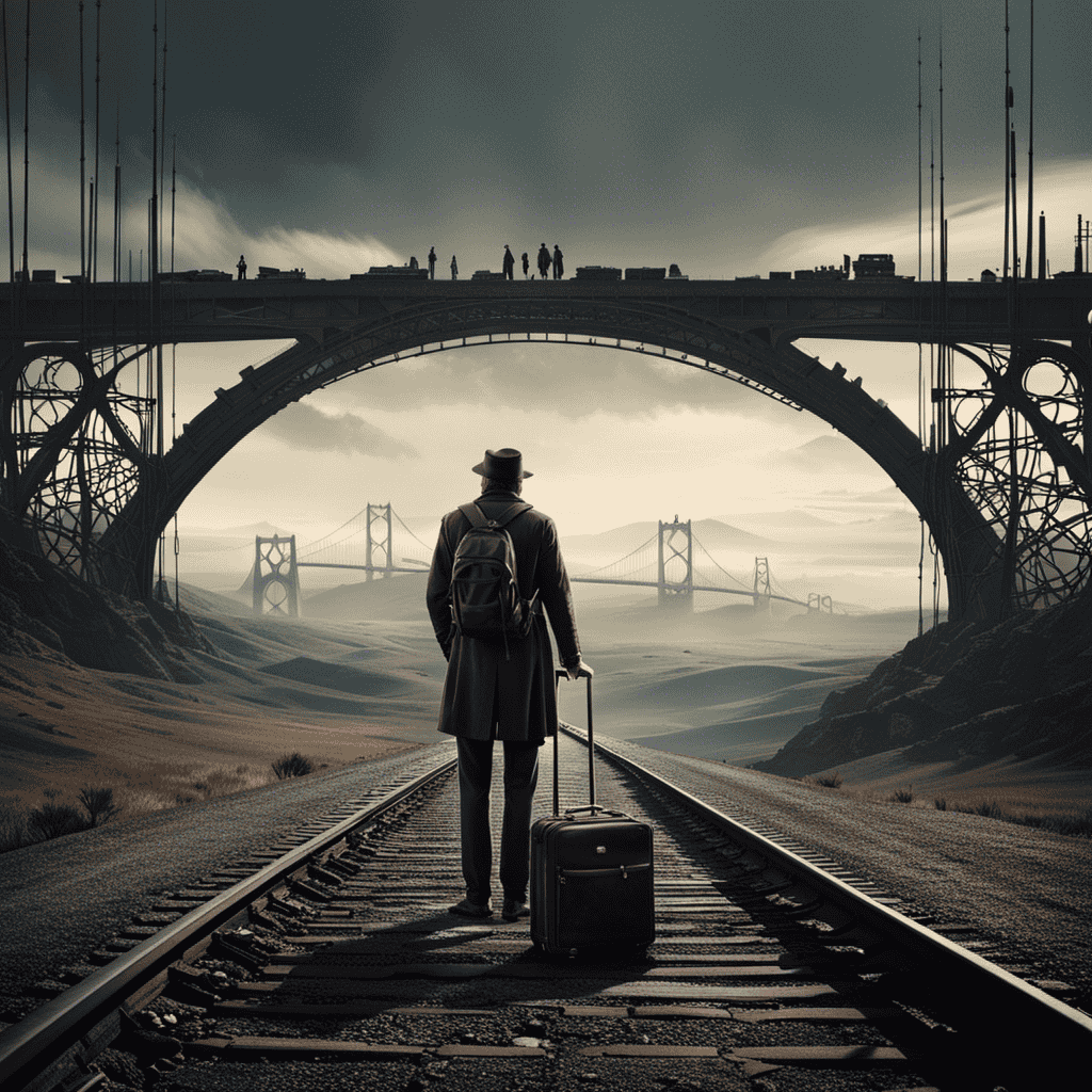 An image of a weary traveler standing on a desolate road, surrounded by a surreal landscape of towering unfinished bridges, floating clocks, and fragmented maps, symbolizing the anguish of being forever trapped in unfulfilled aspirations