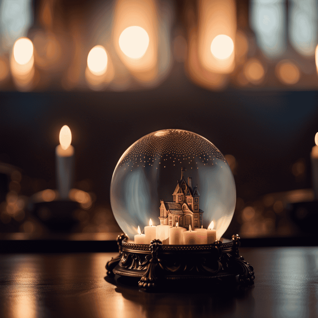 An image of a dimly lit room adorned with flickering candles, a polished crystal ball at the center