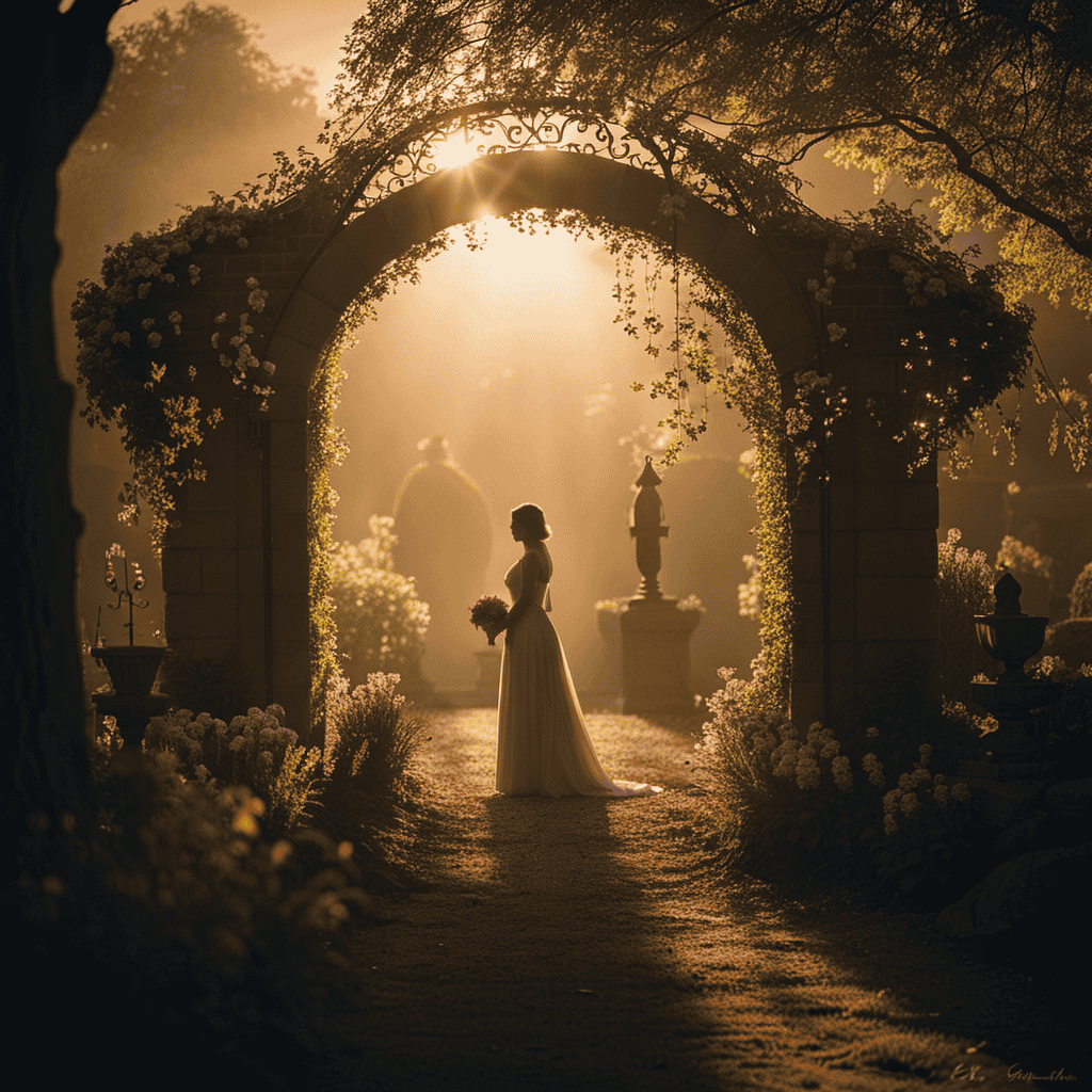 An image that depicts a serene garden at dusk, where a golden sun casts a soft glow on a solitary figure, surrounded by ethereal mist, communing with their beloved departed pet through a shimmering portal