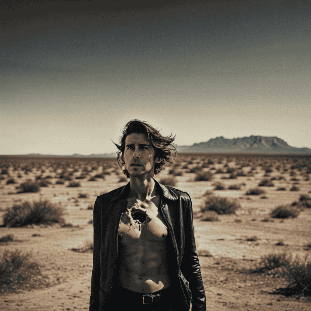 An image depicting a person standing alone in a deserted wasteland, clutching their chest where a bullet hole is vividly visible