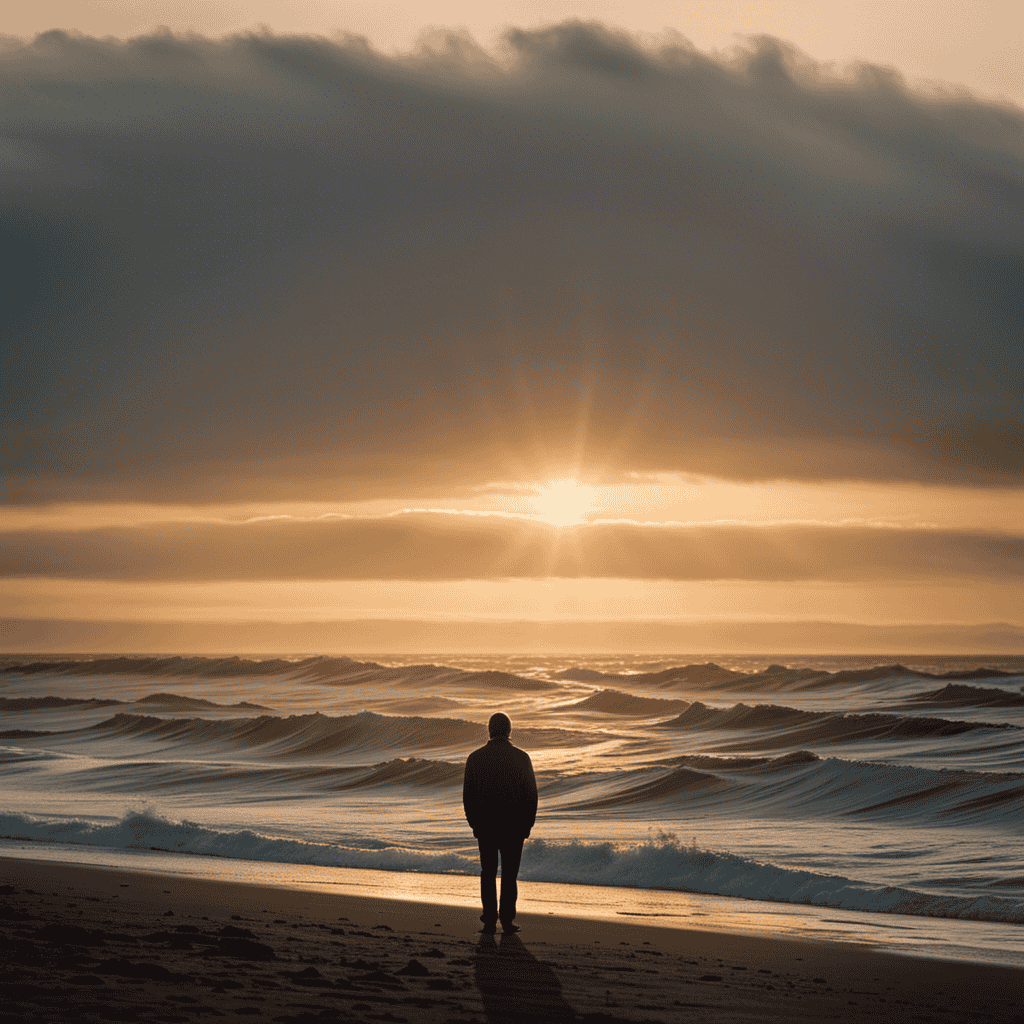 An image of a solitary figure standing at the edge of a vast, serene ocean, gazing into the horizon as the sun sets, casting a soft golden light on the waves crashing against the shore