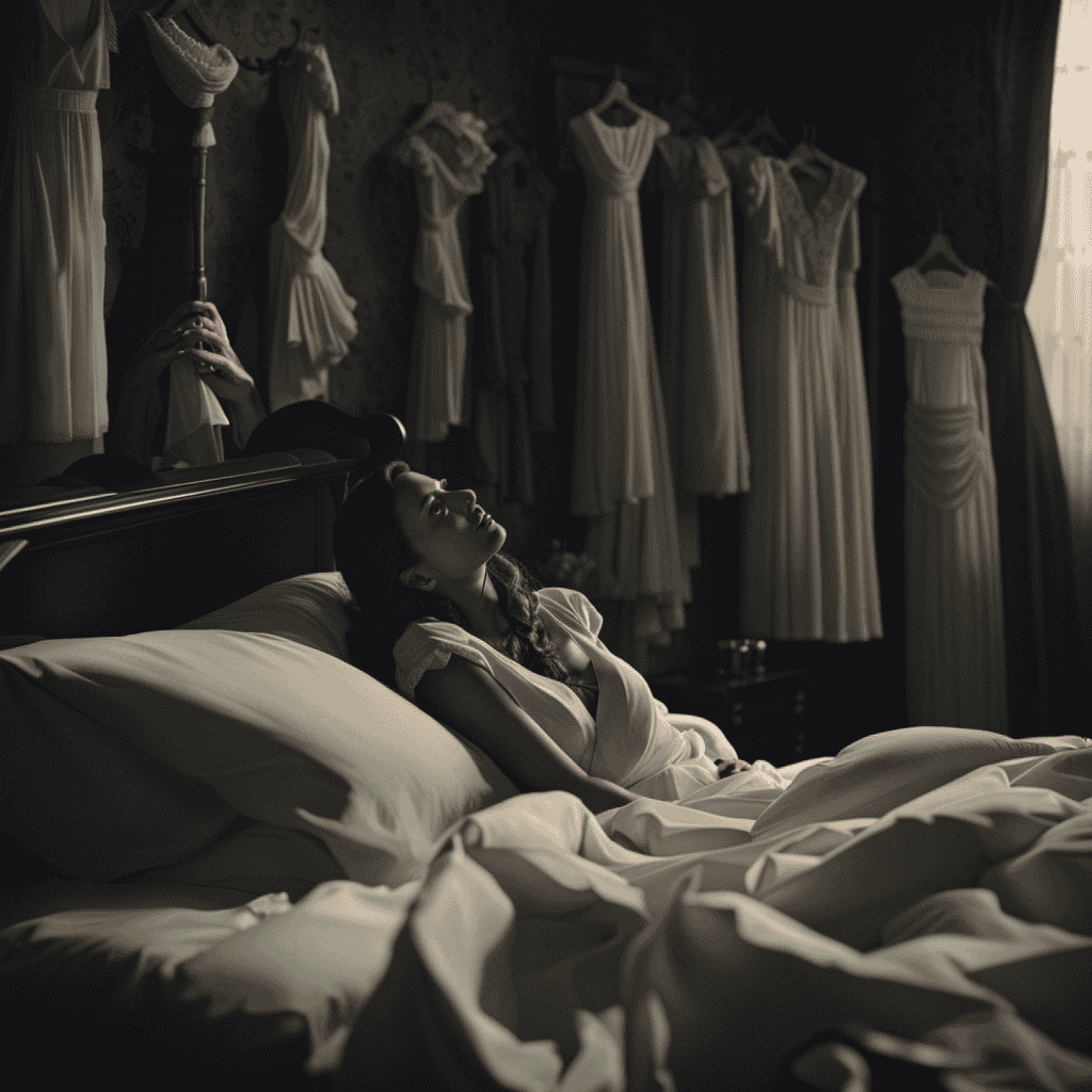 An image depicting a dimly lit bedroom, where a sleeping figure is surrounded by ghostly figures of their loved ones