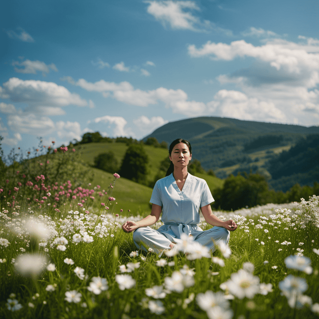 An image featuring a serene teacher sitting cross-legged on a grassy hill, surrounded by blooming flowers and a tranquil blue sky