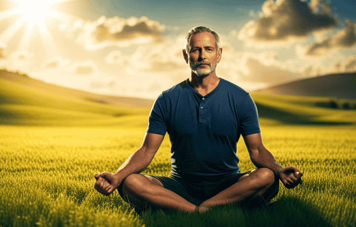 An image showcasing a serene setting, with a person sitting cross-legged on a lush green meadow, bathed in golden sunlight