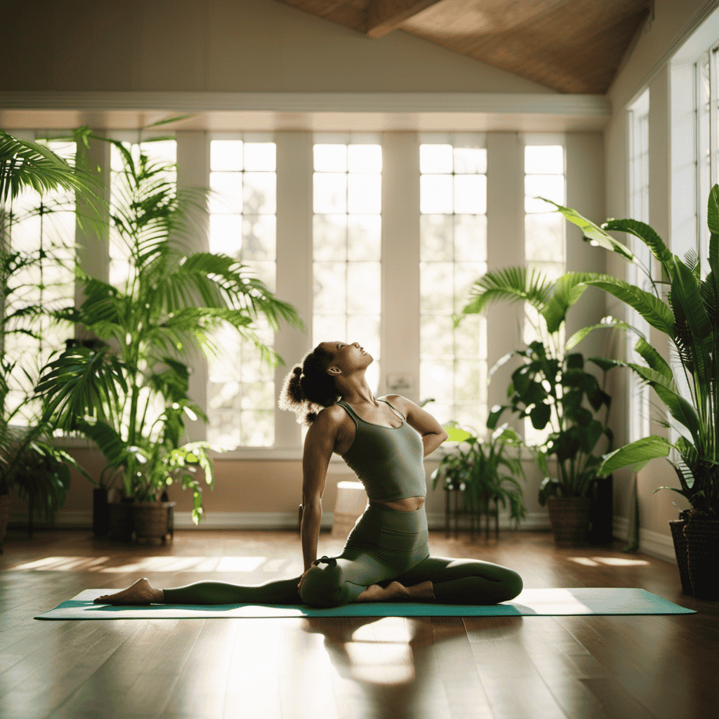 An image showcasing a serene, sunlit yoga studio, adorned with lush green plants and soft natural hues