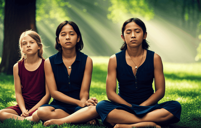 An image showcasing a serene scene: children in a lush green garden, sitting cross-legged with closed eyes, peacefully meditating