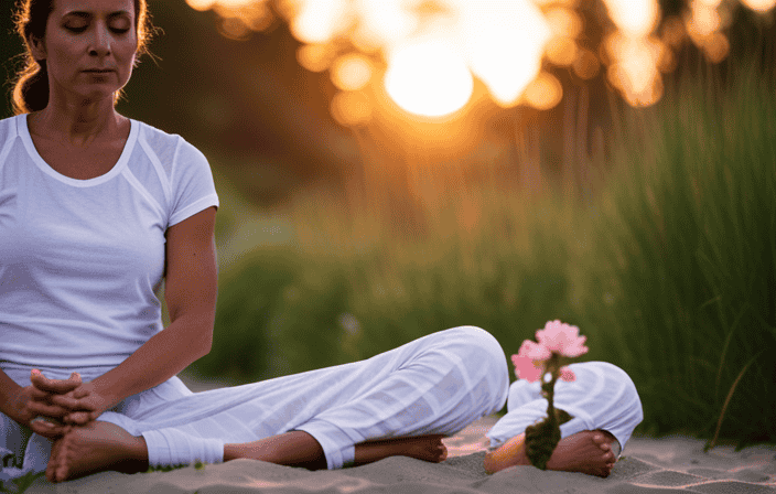 An image depicting a serene beach scene at sunset, with a person practicing yoga on the sand, surrounded by blooming flowers and lush greenery, symbolizing the comprehensive techniques for effective stress management