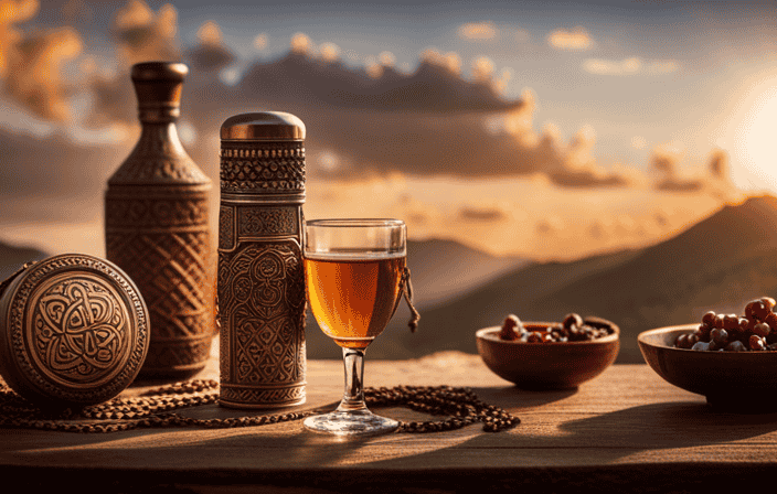 An image showcasing diverse cultural symbols associated with alcohol - a Celtic knot intertwined with grapes, an ornate sake set next to a Mayan goblet, and a delicate Moroccan tea glass adorned with henna motifs