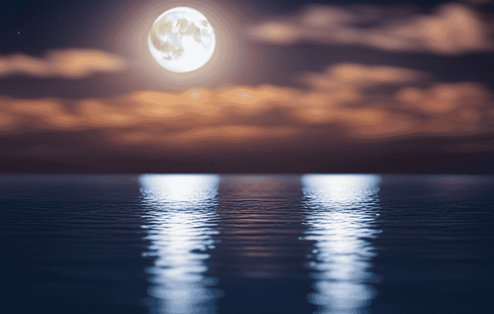 An image showcasing a serene night sky, where a luminous full moon shines down upon a tranquil pond