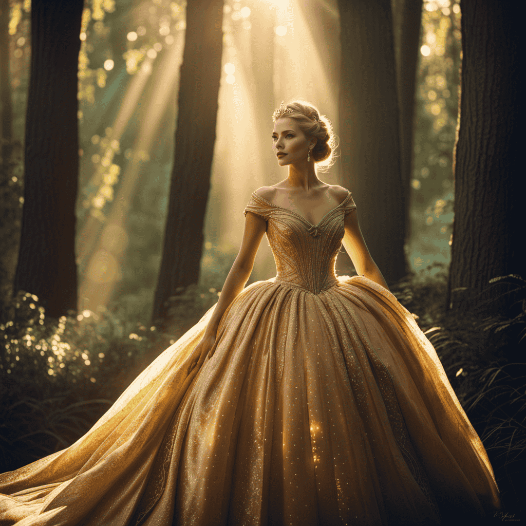 An ethereal image showcasing a woman in an opulent ball gown, surrounded by a lush enchanted forest
