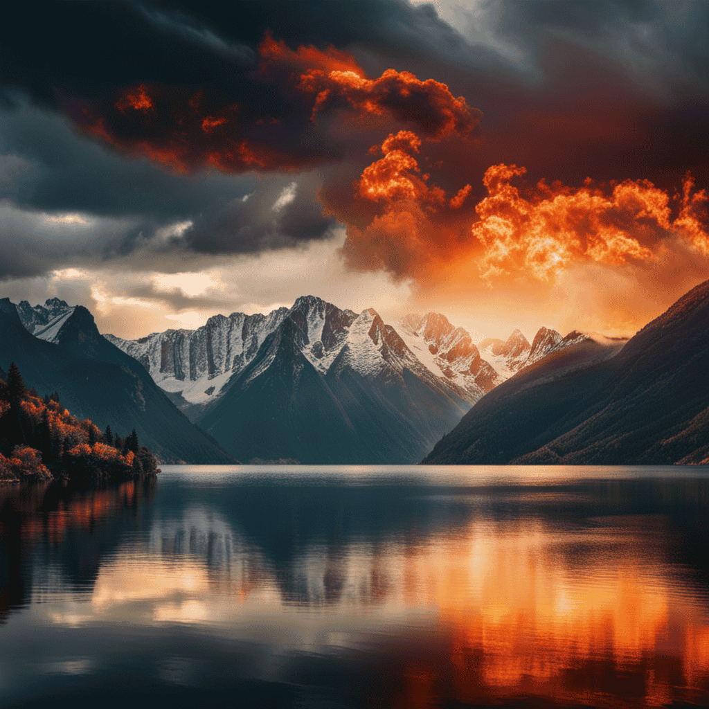 An image showcasing the dynamic forces of nature: a tranquil lake reflecting towering mountains, engulfed by flames dancing with the wind, while ethereal clouds drift above, encapsulating the essence of Earth, Water, Fire, Air, and Ether