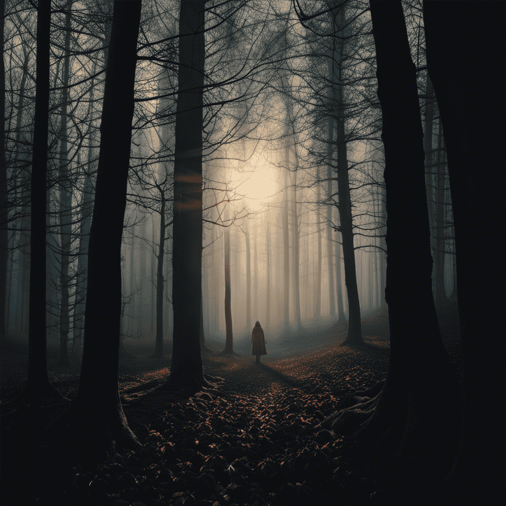 An image capturing a dimly-lit forest at twilight, where a solitary figure stands amidst a tangle of trees, their face hidden, as moonlight filters through the leaves, hinting at the unfulfilled longing for a connection