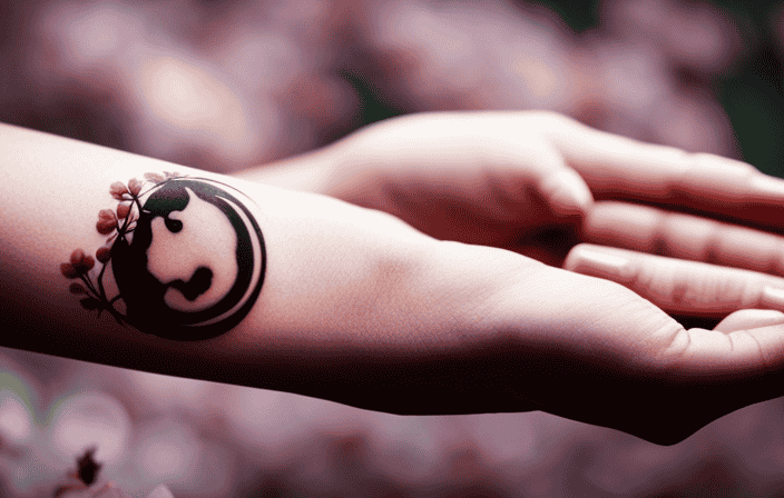 An image featuring a serene hand with an Enso circle tattoo, surrounded by delicate cherry blossom petals, emphasizing the connection between Zen's breathing techniques, mindful living, and the art of body ink