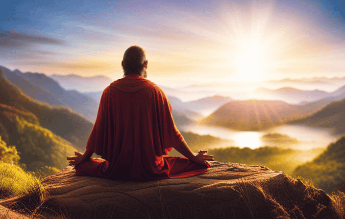 An image capturing the essence of a spiritual guru: a serene figure, bathed in golden light, sitting cross-legged on a mountaintop, surrounded by vibrant nature, emanating wisdom and love