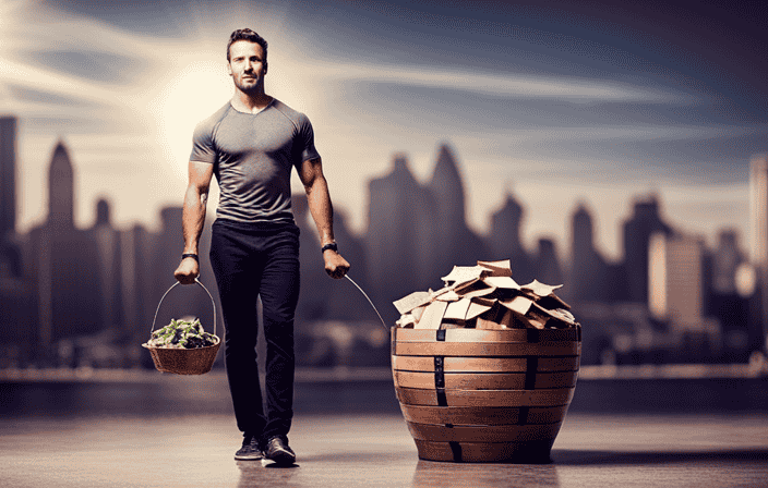 An image showcasing a fit and active individual effortlessly juggling money, gym equipment, and fresh produce, symbolizing the financial rewards of a healthy lifestyle