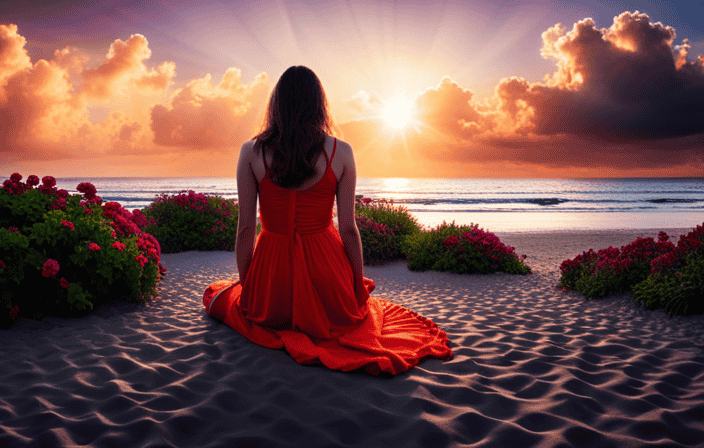 An image of a serene beach at sunset, where a person sits cross-legged, eyes closed, surrounded by vibrant flowers and a soft breeze