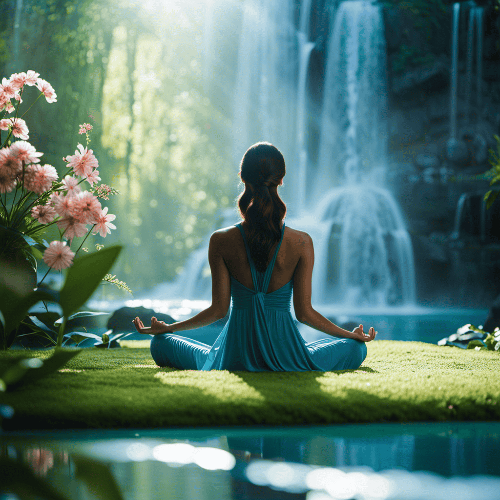 An image of a serene meditation space, bathed in soft hues of blue and green