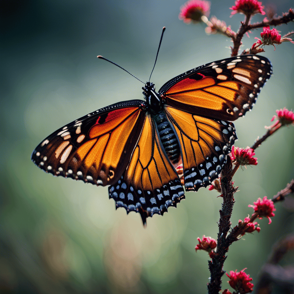 An image of a solitary butterfly, its vibrant hues fading into lifeless shades, delicately perched on a thorny branch