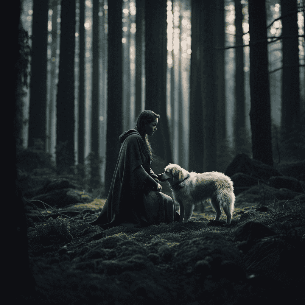 An image depicting a serene moonlit forest, where a solitary figure tenderly cradles an injured dog, highlighting the juxtaposition between gentle care and the enigmatic symbol of canine suffering in dreams