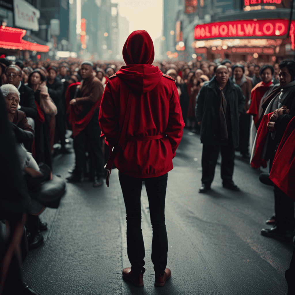 An image capturing the essence of vulnerability and insecurity by depicting a person standing amidst a bustling city crowd, their face red with embarrassment, desperately clutching their waist, while their pants lay abandoned on the ground