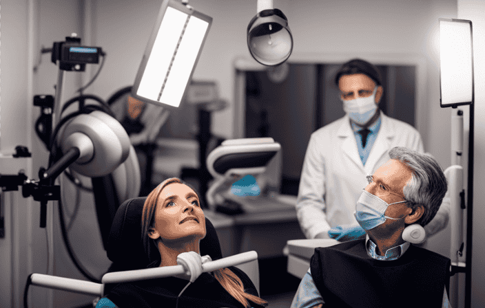 An image that showcases a dental chair in a bright, sterile room, with a dentist wearing a mask and gloves, gently examining a patient's teeth while a bright overhead light illuminates the scene