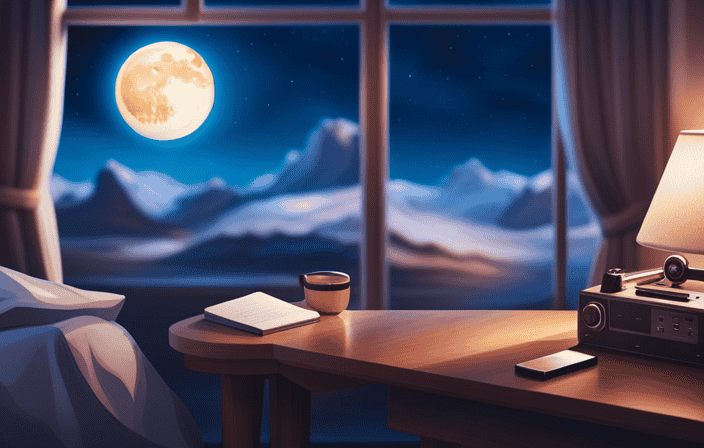 An image displaying a cozy bedroom scene with a serene moonlit sky outside the window