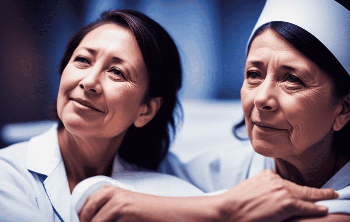 An image depicting a nurse comforting a patient with a serene expression, while soft rays of light illuminate their surroundings