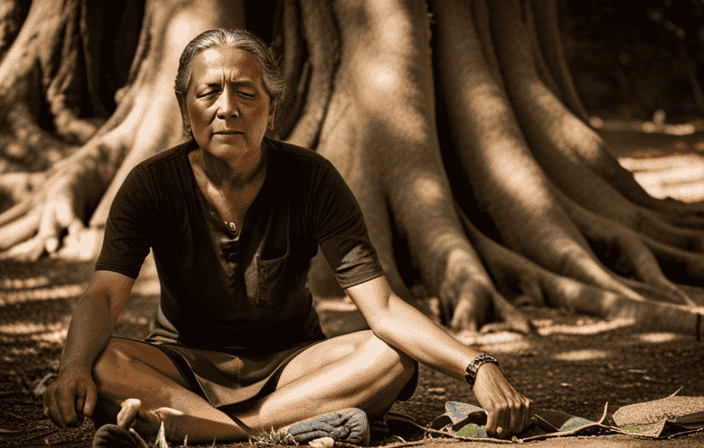 An image capturing a serene scene of a person sitting cross-legged under a majestic, ancient tree, with their eyes closed and hands gently resting on their knees