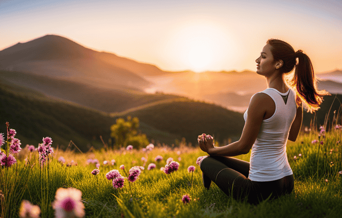 An image showcasing a serene yoga session at sunrise, with a person practicing asanas on a grassy hill, surrounded by blooming flowers, while a gentle breeze weaves through their hair, symbolizing the interconnectedness of physical, mental, and spiritual well-being