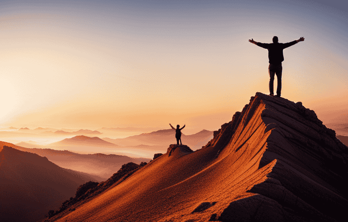 An image capturing the essence of spiritual awakening: a solitary figure standing atop a mountain peak, bathed in the golden glow of sunrise, as their outstretched arms embrace the transformative energy of change and self-discovery