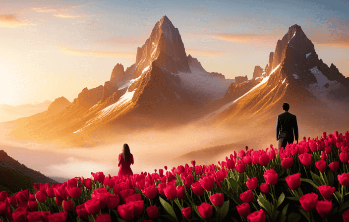 An image showcasing a solitary figure, bathed in soft golden light, ascending a majestic mountain peak, as vibrant flowers bloom, symbolizing the transformative journey of spiritual awakening and the discovery of one's authentic self