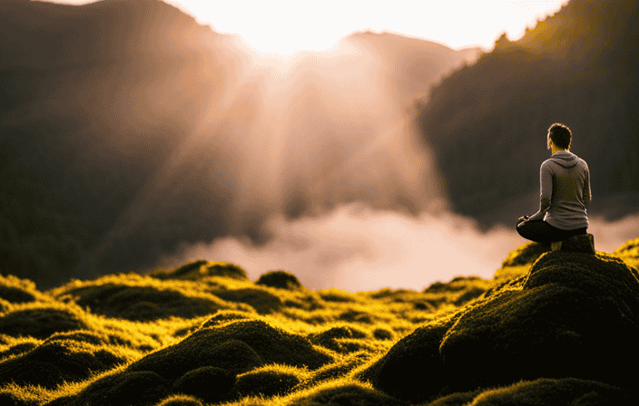 An image depicting a serene mountain landscape at dawn, with a solitary figure meditating on a moss-covered rock