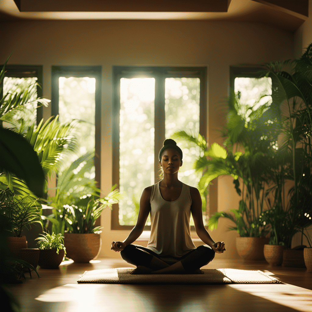 An image showcasing a serene, sunlit room with a meditator surrounded by lush green plants, their face bathed in a warm glow