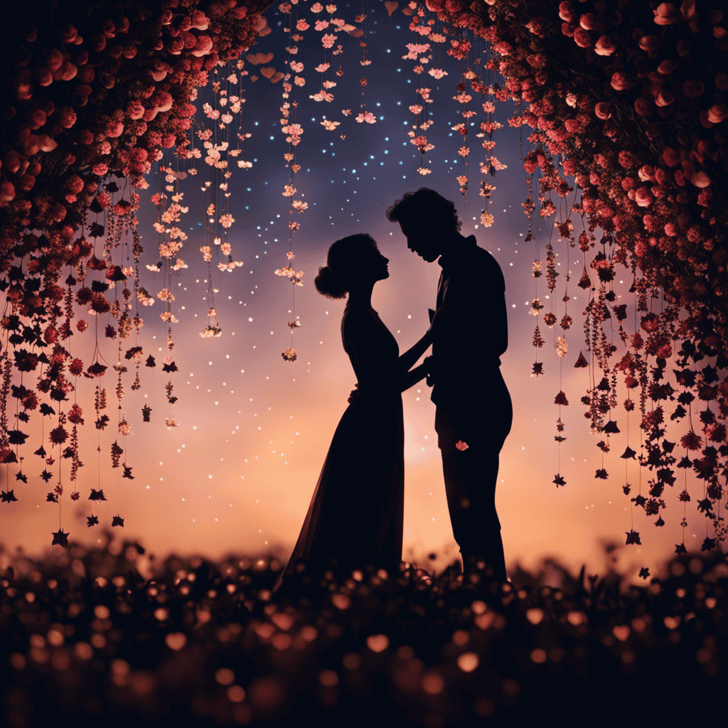 An image of two silhouettes suspended in a starlit sky, delicately intertwined as soft petals of various flowers gently fall around them, evoking the ethereal beauty and countless interpretations of falling in love within dreams