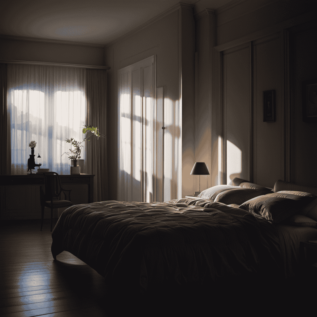 An image showcasing a tranquil bedroom, softly lit by moonlight, with a weary figure peacefully sleeping