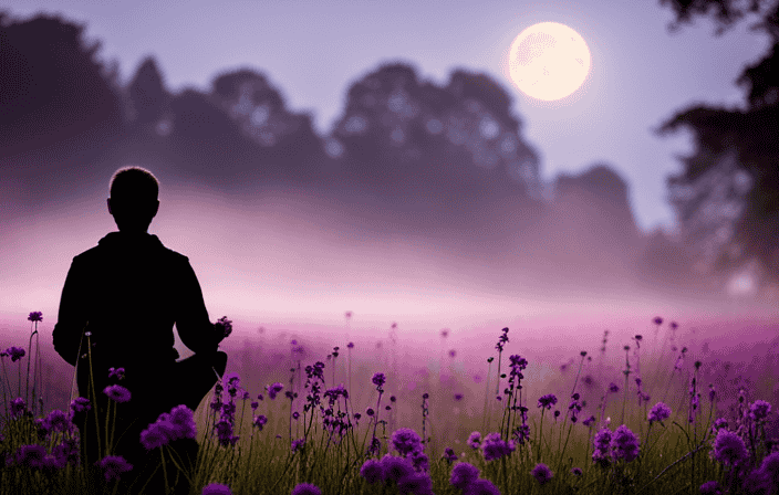 An image showcasing a serene garden at twilight, with a captivating silhouette of a meditating figure surrounded by ethereal purple mist