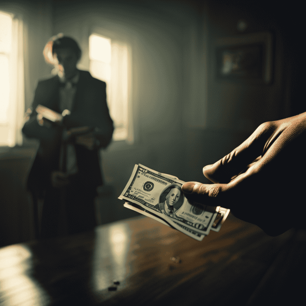 An image of a dimly lit room with a person's outstretched hand holding a tattered dollar bill, while another person's face appears in the shadows, their expression a mix of desperation and hope