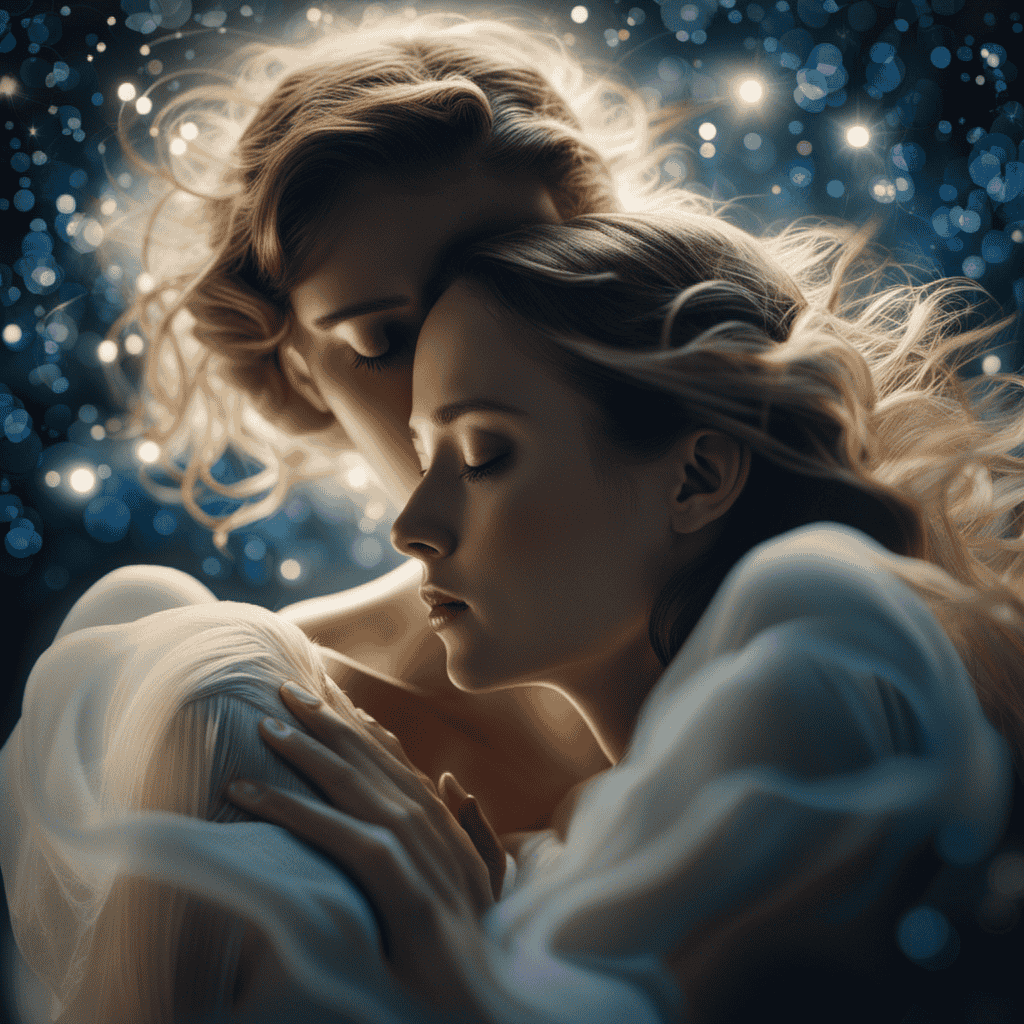 the ethereal realm within dreams: An image of two figures, bathed in moonlight, floating amidst a sea of stars