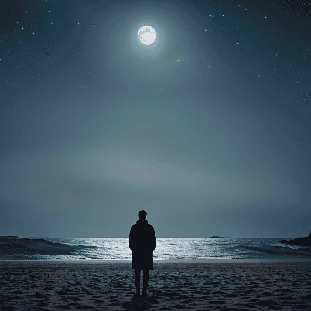 An image depicting a person standing on a vast beach, gazing at a bright full moon reflecting on the calm ocean, symbolizing the journey of self-discovery and the pursuit of happiness through searching dreams
