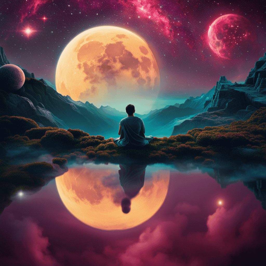 An image showcasing a serene, moonlit landscape with a figure in deep slumber, surrounded by ethereal, vibrant dreamscapes