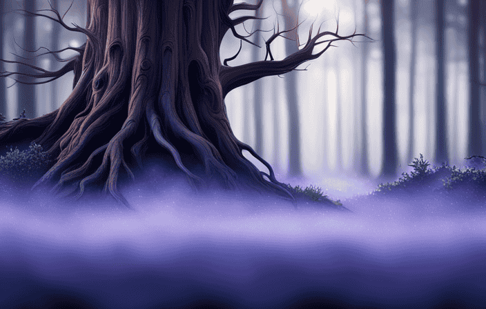 An ethereal image of a serene forest clearing drenched in the enchanting glow of a mystical blue purple aura