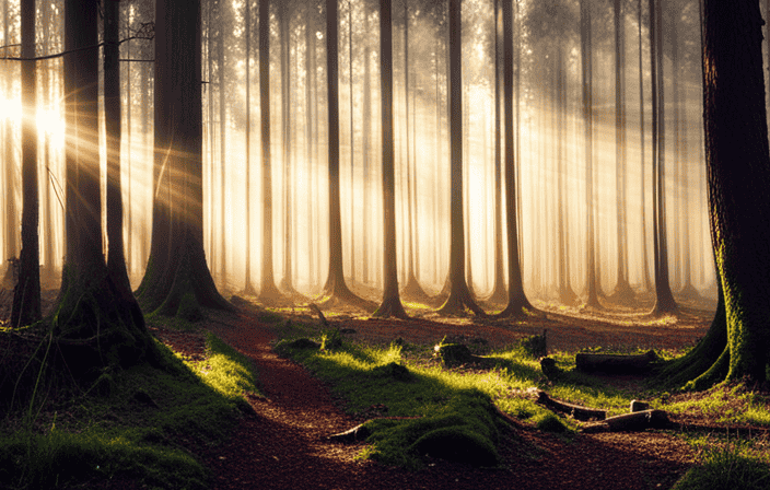An image depicting a serene forest shrouded in mist, with ethereal rays of sunlight filtering through ancient trees